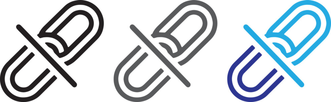 Set of three broken link icons in black, grey, and blue colors, representing disconnected web links or unlinked content, flat vector design for user interface and web development