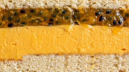Obraz premium Macro shot cross section of passion fruit mousse cake with seed jam and sponge layers