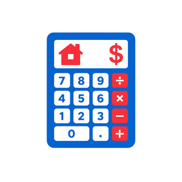 Real estate mortgage calculator icon featuring house sign, dollar symbol, numeric keypad, financial math vector graphic art for banking