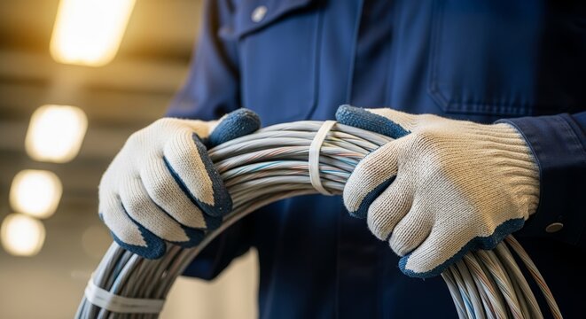 Electrician wire spool held by worker in protective gloves, coiled gray cable. Employee in blue uniform handles heavy duty wiring, preparing installation.
