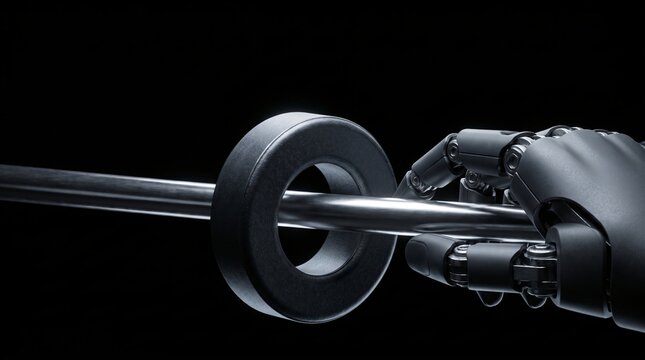 dark silhouette of humanoid robot routing coaxial cable line through a ferrite toroid ring core for electromagnetic noise suppression on seamless pitch black background with overhead rim lighting