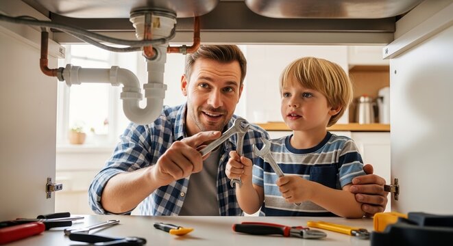 Father son plumbing activity under kitchen sink, man holding wrench and smiling. This father son plumbing lesson involves tools, pipes, and learning practical home repair skills.
