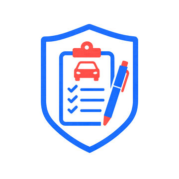 Car inspection checklist icon featuring shield, vehicle evaluation form, pen vector graphic art for auto insurance service