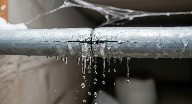 Cracked frozen pipe with icicles, water dripping, sign of winter damage. Outdoor plumbing displays critical frozen pipe issue, repair needed.