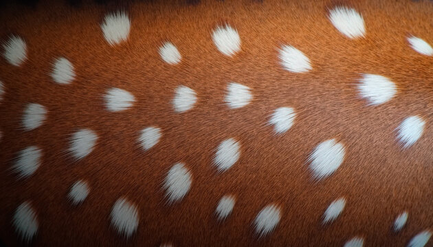 Close-up of spotted fur pattern on deer skin with rich brown and white colors, displaying unique and intricate markings on fur. Detailed view of deer skin shows natural texture and beauty,