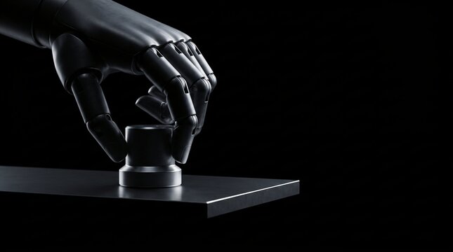 dark silhouette of humanoid robot using acoustic transducer test probe for non destructive testing inspection on seamless pitch black background with dramatic low key overhead studio rim lighting