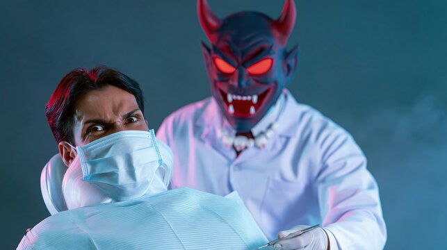 Nightmare of a patient in dental chair: the devil-masked dentist is gonna take all his teeth. Dental fear