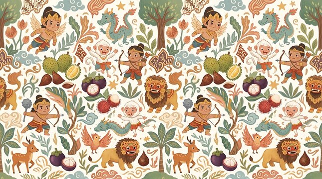 Seamless pattern featuring traditional asian folklore characters and exotic fruits alongside wild creatures such as lions and deer arranged in a festive textile print suitable for various