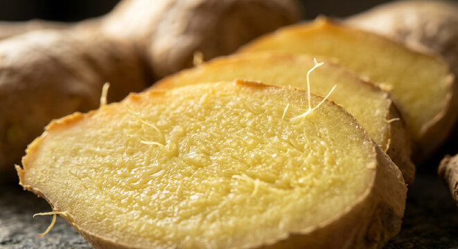 Ginger root slices with glistening juice beads and visible fibers on rough dark stone for natural herbal medicine banner