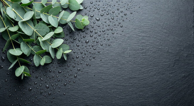 Eucalyptus leaves with clear water droplets on wet dark slate stone background for natural spa cosmetics banner design