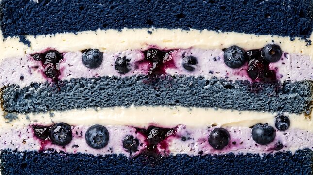 Macro shot of a layered blueberry cake cross section with blue sponge and creamy fruit filling