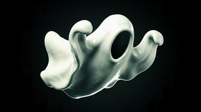 A stylized 3d render of a cute white ghost character floating against a dark black background, representing a spooky halloween concept