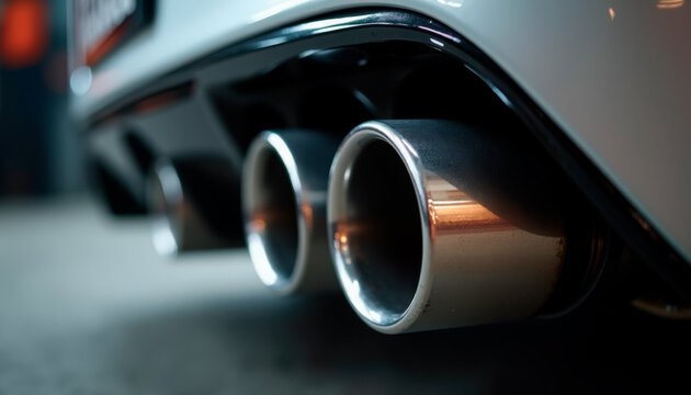 Close-up of car exhaust system with shiny dual exhaust pipes emphasizing automobile performance and engineering.