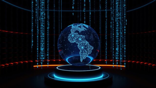 Digital globe floats above pedestal. Binary code cascades down surrounding dark curved walls. Futuristic, technological presentation.