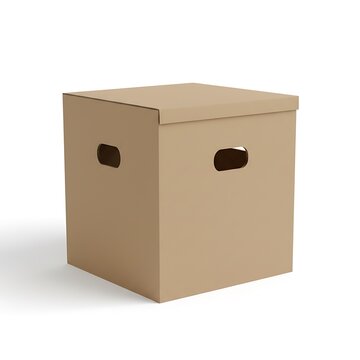 Cardboard box seen on a white background with hand holes and a flat top