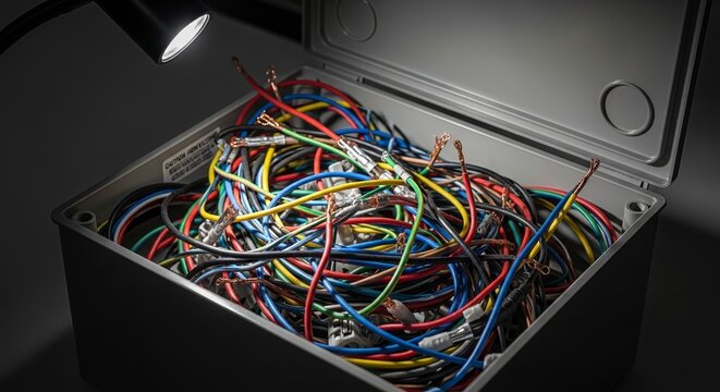 Junction box filled with tangled wires in close-up view. Electrical junction box has multiple colored wires inside, creating an overloaded appearance.