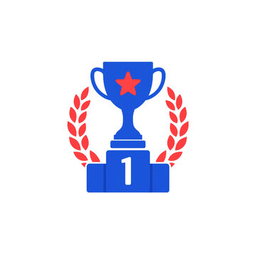 Trophy award icon featuring first place podium and star, championship laurel wreath vector illustration, success achievement graphic