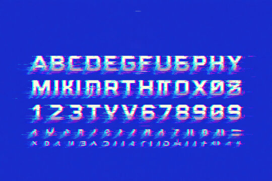 Glitch effect alphabet and numbers set with digital distortion