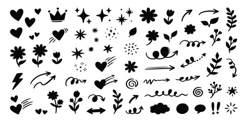 Fototapeta premium Set of hand drawn doodle elements including arrows hearts stars and decorative shapes. vector illustration