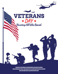 Obraz premium Veteran's day silhouette vector illustration with american flag and soldiers.