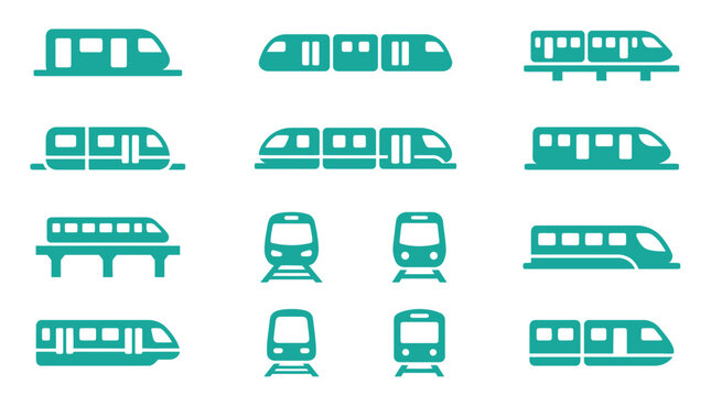 Collection of teal train and metro icons showing side and front views of subway carriages, monorails, and high-speed rail transport isolated on a white background for map symbols.