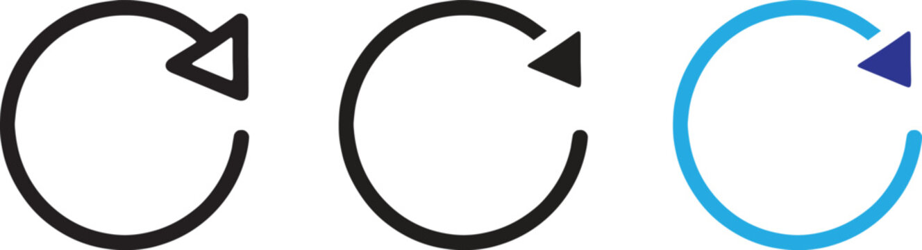 Set of three circular arrow icons for refresh, reload, or rotate functions, featuring different styles including outline, solid, and blue colored variations