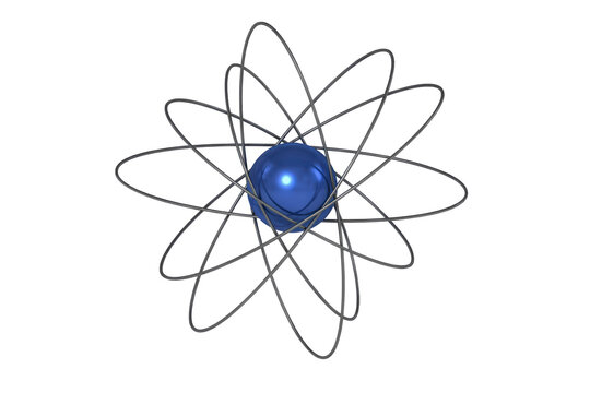 Blue spherical nucleus surrounded by intersecting elliptical orbital rings representing an atomic structure isolated on a transparent background