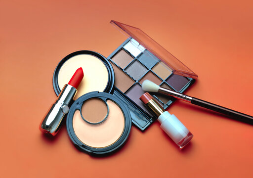 Cosmetics set closeup, makeup items collection, beauty products arrangement.Shadows,lipstick,powders.