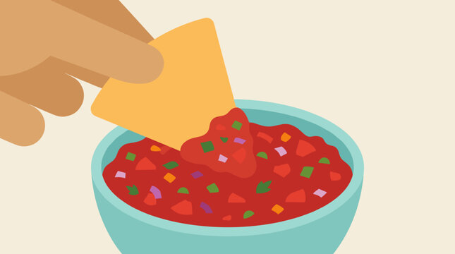 Minimalist black hand dipping nacho chip into sauce bowl