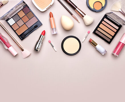 Collection of beauty items, cosmetics set  emty copy space, women's make up objects, nobody.