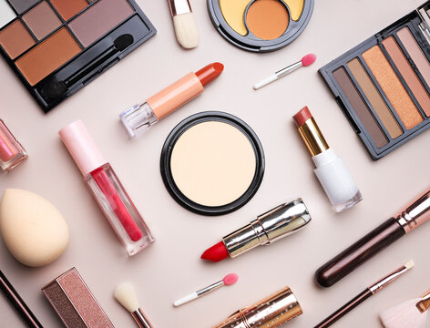 Cosmetics set closeup, makeup items collection, beauty products arrangement