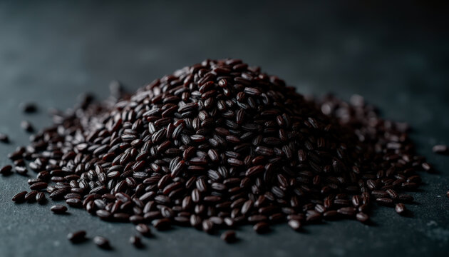 Black sesame seeds piled on dark background for culinary use, showing texture and appearance of seeds. Black sesame seeds are popular in various dishes and healthy cooking.