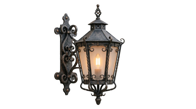 Ornate wrought iron wall mounted lantern as PNG element