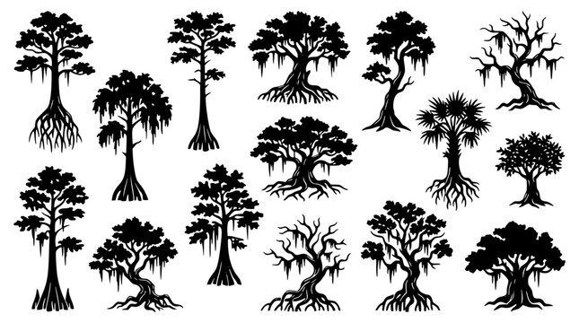 Detailed black silhouette vector illustration of various swamp tree species