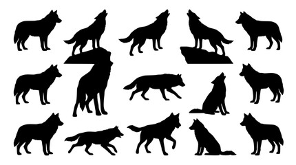 Fototapeta premium Detailed wolf silhouette collection featuring various poses for creative vector design