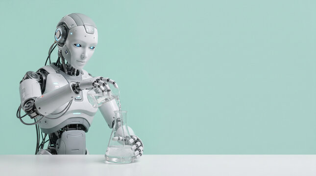 A white humanoid robot with a metallic body pouring liquid from a glass beaker into a glass ad social media download thambnail poster web template event festival 2026 2027 2028