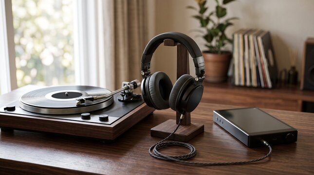 Black audiophile headphones resting on wooden stand between vintage turntable and digital audio player, depicting high-fidelity music setup