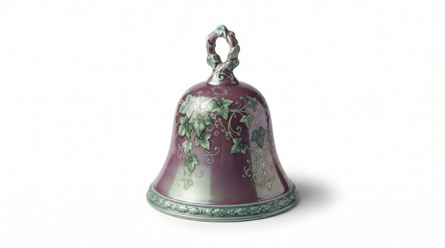 Vintage ceramic bell with ivy leaf pattern, purple porcelain hand bell, elegant floral dinner bell for home decor and weddings isolated PNG with Transparent Background