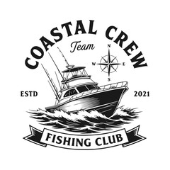 Coastal Crew fishing club emblem featuring a sport fishing boat and compass rose on white background © Astart
