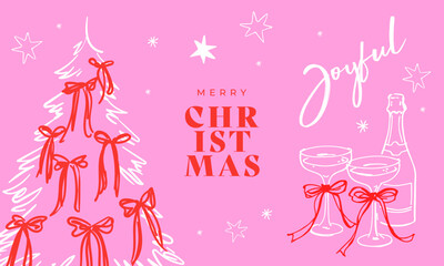 Obraz premium Playful Christmas design featuring a hand-drawn tree with red bows, champagne glasses and festive typography. Stylish holiday artwork for card, poster, invitation, social media and seasonal branding.