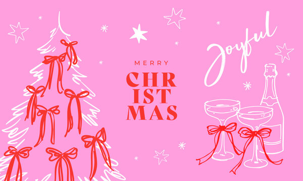 Playful Christmas design featuring a hand-drawn tree with red bows, champagne glasses and festive typography. Stylish holiday artwork for card, poster, invitation, social media and seasonal branding.