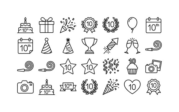 Tenth Anniversary Celebration Set, line icon set featuring anniversary cake, gift box, confetti, milestone badge blank, balloon, calendar, party hat, trophy, covering 10th anniversary, birthday