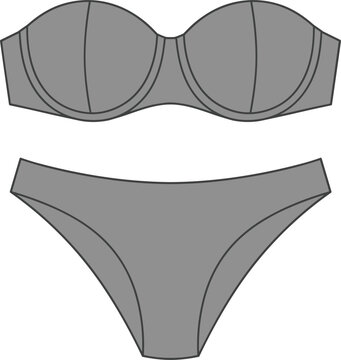 Minimalist Gray Two Piece Strapless Bikini Swimwear Technical Sketch Vector Template Featuring Bandeau Bra Top and Classic Swim Briefs Underwear Outline Layout