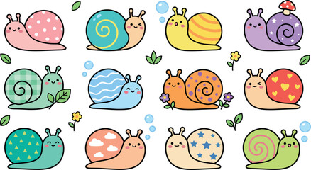 Cute kawaii snail sticker collection with funny colorful cartoon insect characters patterned shells and flowers vector illustration isolated on white background © SARIFA