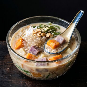 Vietnamese che ba ba (sweet potato dessert) with taro, sweet potato, and coconut milk, topped with tapioca pearls, set against a black background	
