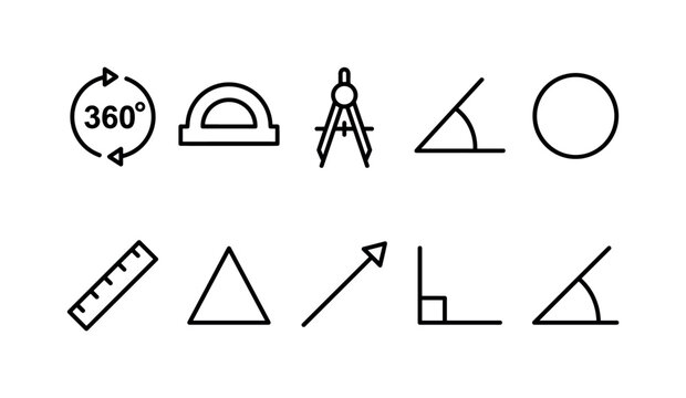 Geometry Angle Symbols, line icon set featuring 360-degree rotation arrow, protractor, compass tool, angle arc, circle, ruler, geometry triangle, rotation axis, covering geometry, mathematics, full