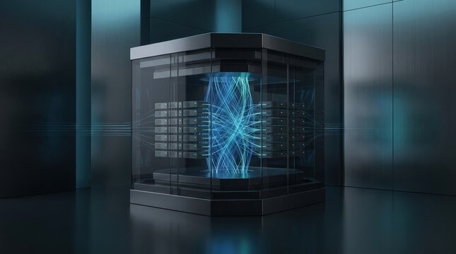 A futuristic quantum computer glowing in a high tech server room