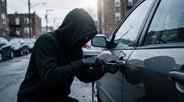 Masked criminal wearing black hoodie and gloves attempts to break into a parked car using a metal screwdriver during daytime