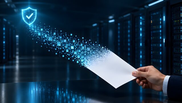 Hand holding physical paper document converting into digital data stream flowing towards secure glowing shield icon in server room