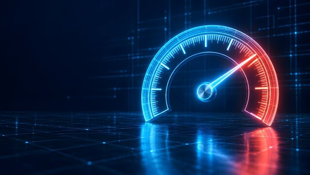 Futuristic glowing speedometer indicating high performance and rapid internet connection speed on digital grid